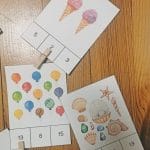 exemples de cartes illustrées : compter 13 ballons, 11 coquillages